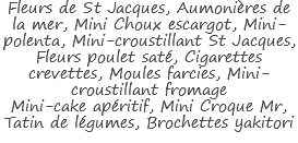 Fleurs de St Jacques, Aumonières de la mer, Mini Choux escargot, Mini-polenta, Mini-croustillant St Jacques, Fleurs poulet saté, Cigarettes crevettes, Moules farcies, Mini-croustillant fromage
Mini-cake apéritif, Mini Croque Mr, Tatin de légumes, Brochettes yakitori